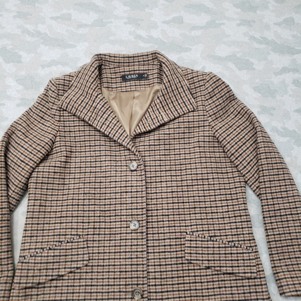 Lauren Ralph Lauren Coat Women 10 Brown Mid Length Button Houndstooth Wool Blend - Picture 2 of 8